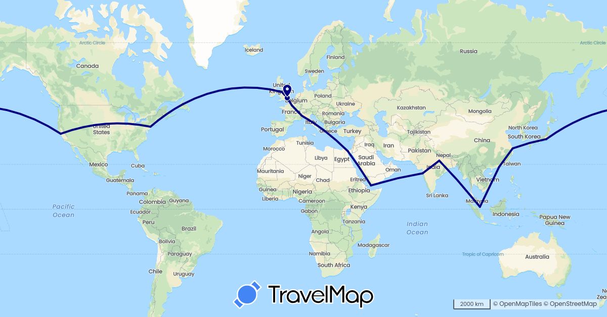 TravelMap itinerary: driving in Canada, China, Egypt, France, United Kingdom, India, Italy, Japan, Singapore, United States, Yemen (Africa, Asia, Europe, North America)